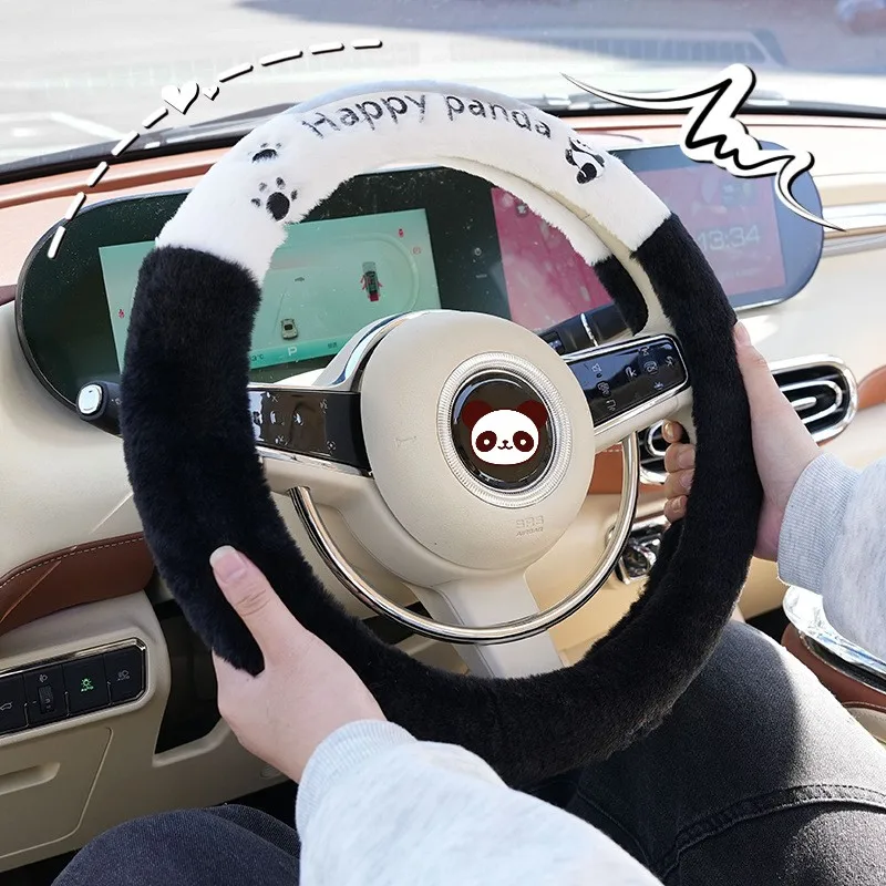 New Cute Panda Series Cartoon Car Steering Wheel Cover Winter Plush Anti-freeze Handlebars Cover Car Accessories Interior Woman