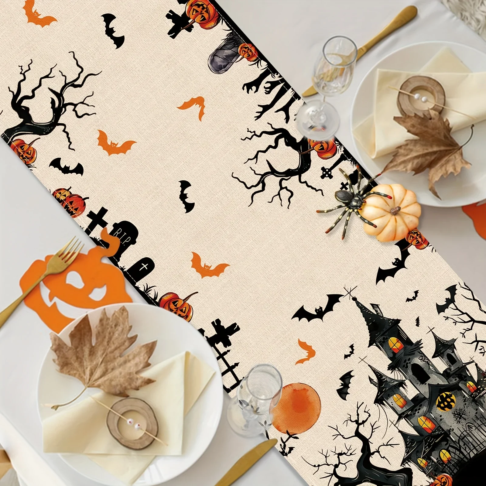 

1Pc Halloween Themed Table Runner with Bat, Pumpkin and Haunted House Pattern, Suitable for Party, Restaurant, Home, Market, Hol