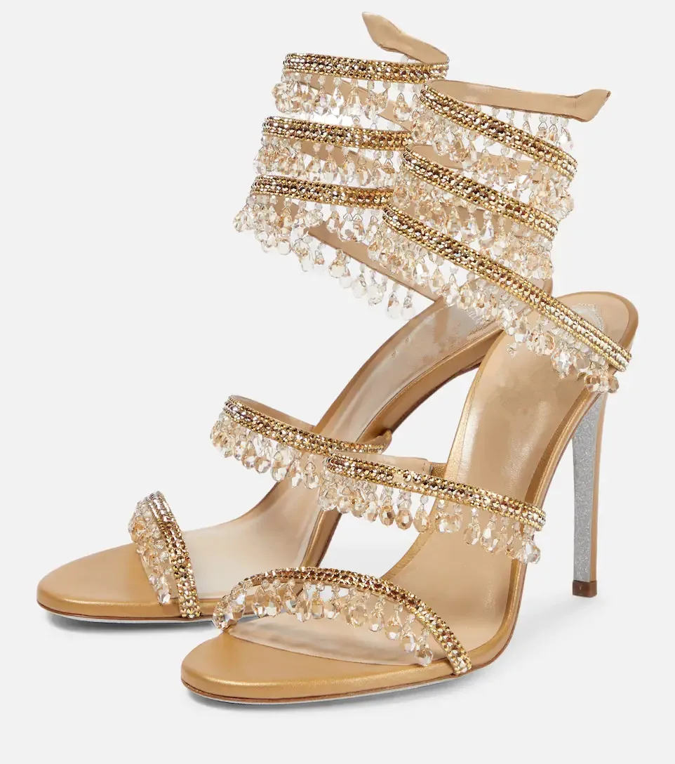 Women's Black Crystal Fringe Stiletto Sandals New Glitter Heels Wrap Around Ankle Strap Party Dress Shoes Nightclub High Heels image 3