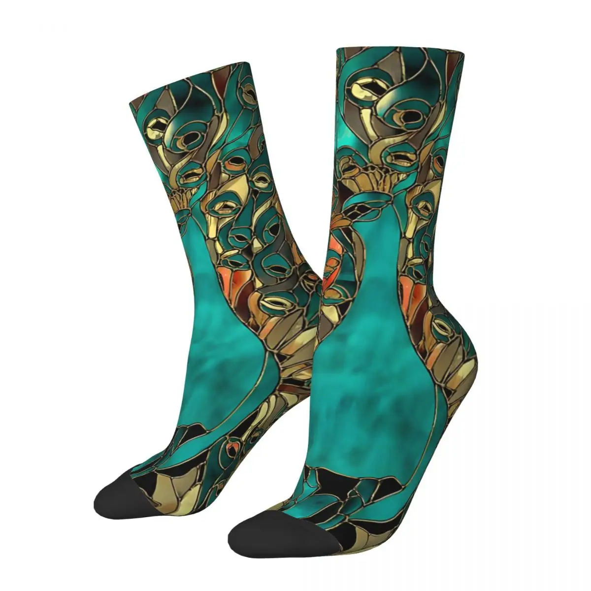 Aqua And Gold Peacock Men's Socks Vintage Harajuku Street Style Novelty Seamless Crew Sock