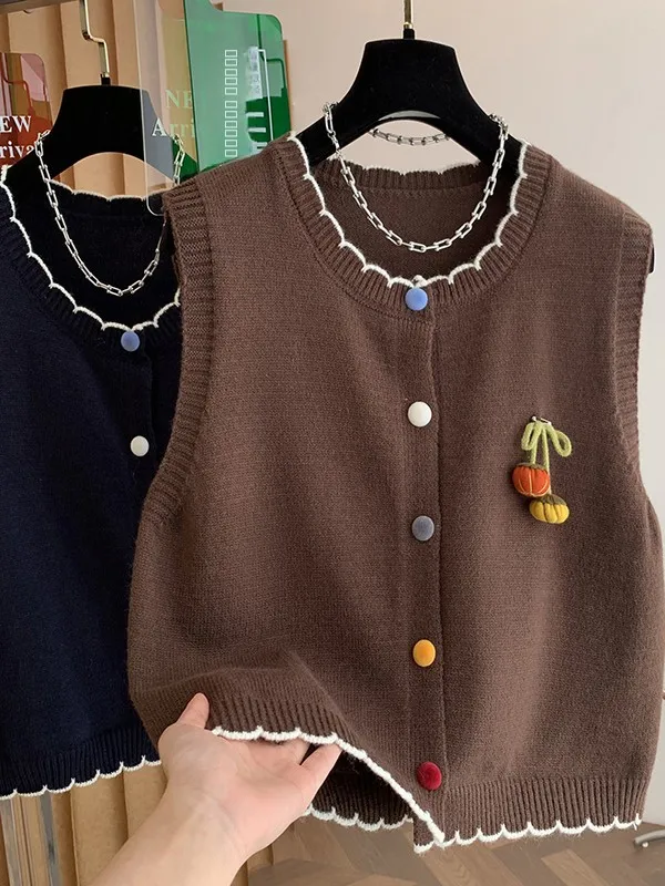 

High-End Knitted Buttonl Svel Vest Cardigan Large Size Outerwear Casual Loose Fit Autumn Winter Women's Jaet