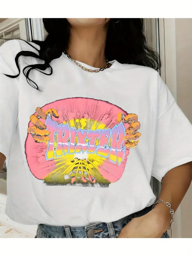 

Ladies' Cotton Loose Round Neck Short Sleeved T-shirt with Geometric Pattern Casual Top for Vacation and Daily Wear Retro Print