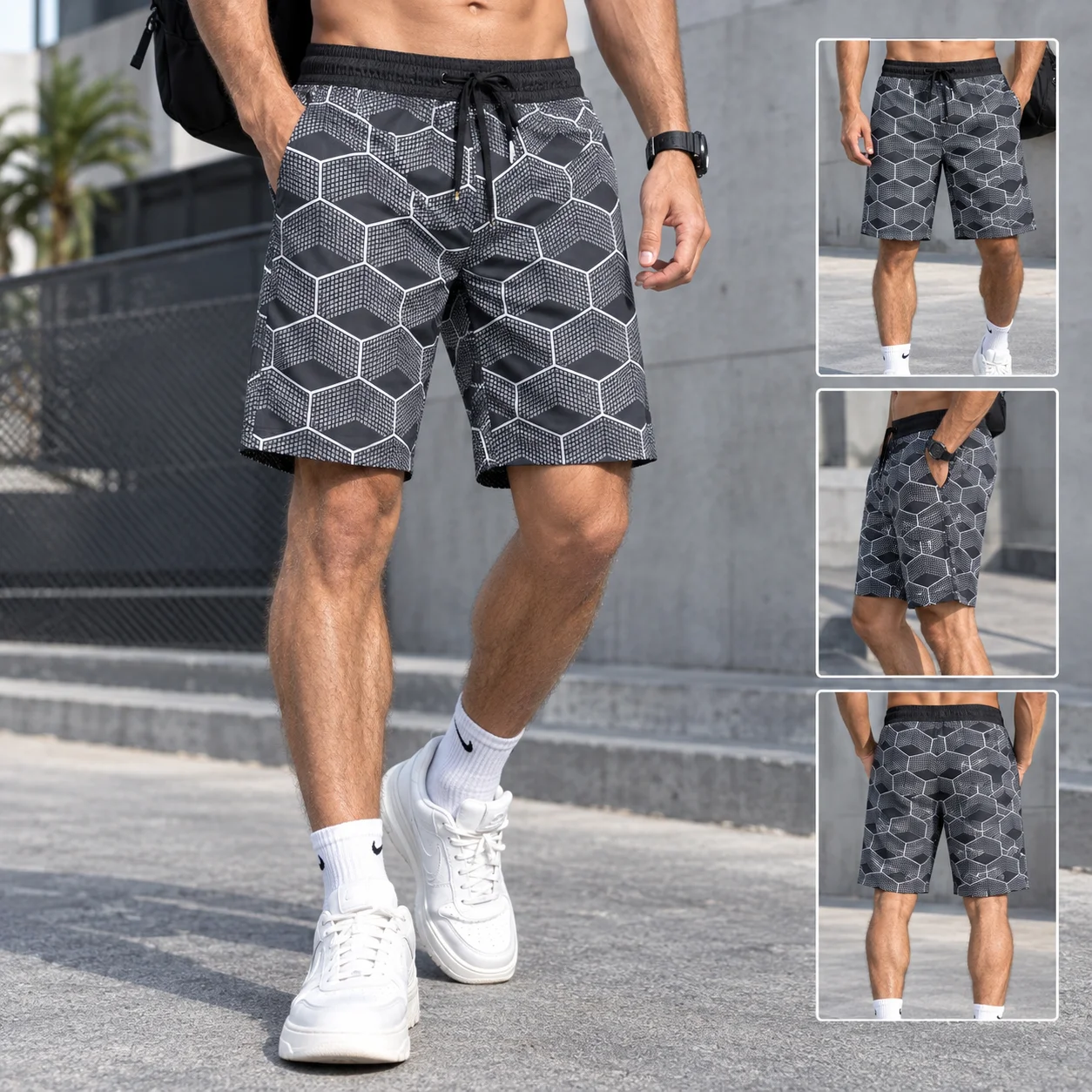 Men Black Geometric Print Running Shorts Summer High Waist Lightweight Breathable Mesh Shell Marathon Sports Short Pants