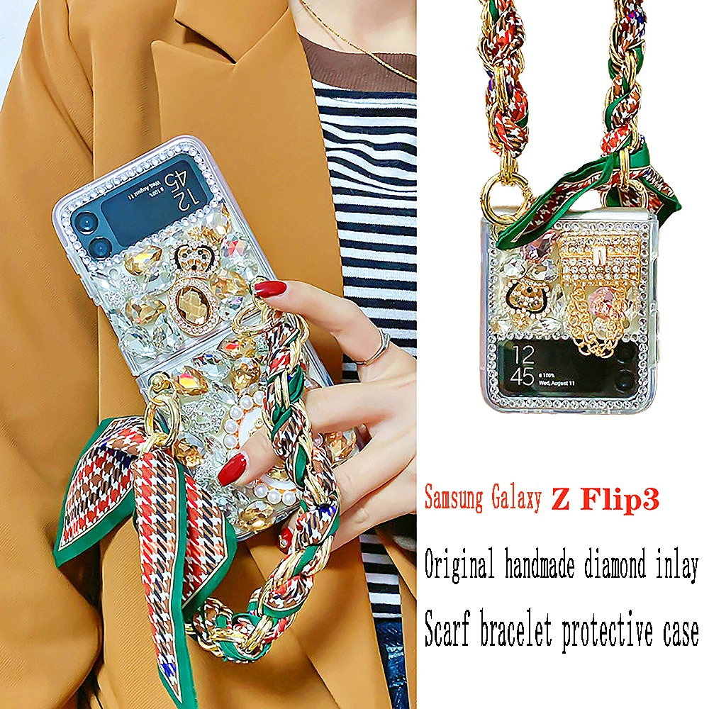 Luxury Glitter Gemstone Phone Case Back Cover for Samsung Galaxy Z Flip 4 Scarf Lanyard Bling Diamond Swan Queen Z Flip3 Z Flip2