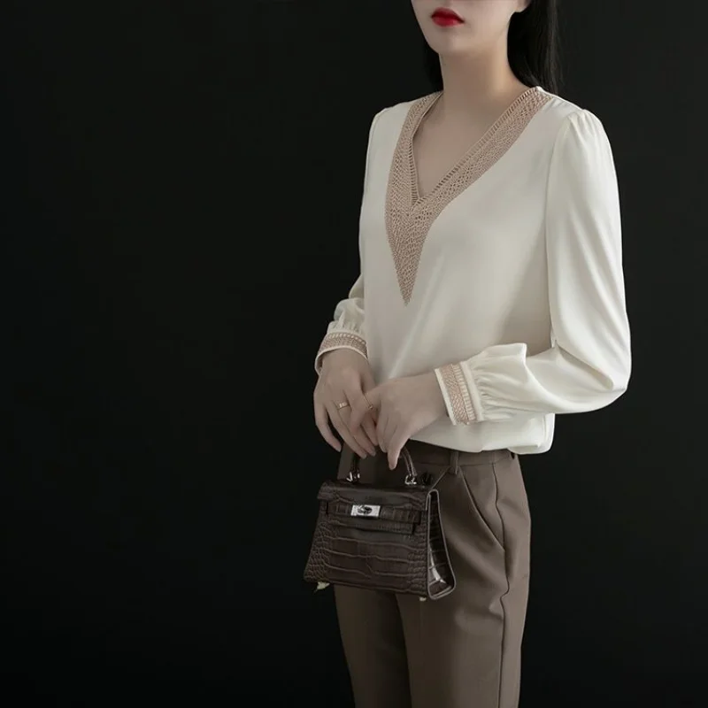 Spring New Temperament Patchwork Chiffon Shirt Tops Long Sleeve V Neck Solid Color Blouse Elegant Fashion Women Clothing