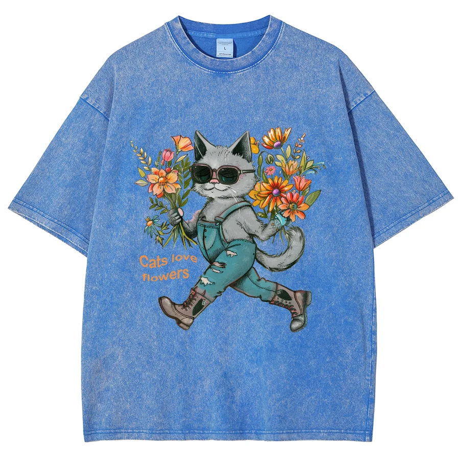 Cute Blue Cat Anthropomorphic Print Women's T-Shirt Loose Wash Oversized Short Sleeve Fashion Design Casual Funny Style Top 2024