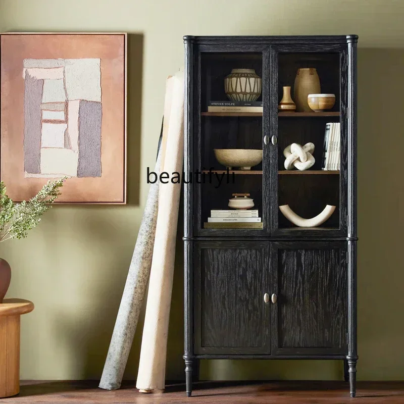 

American solid wood black retro glass door wine cabinet locker Nordic entrance living room decorative cabinet