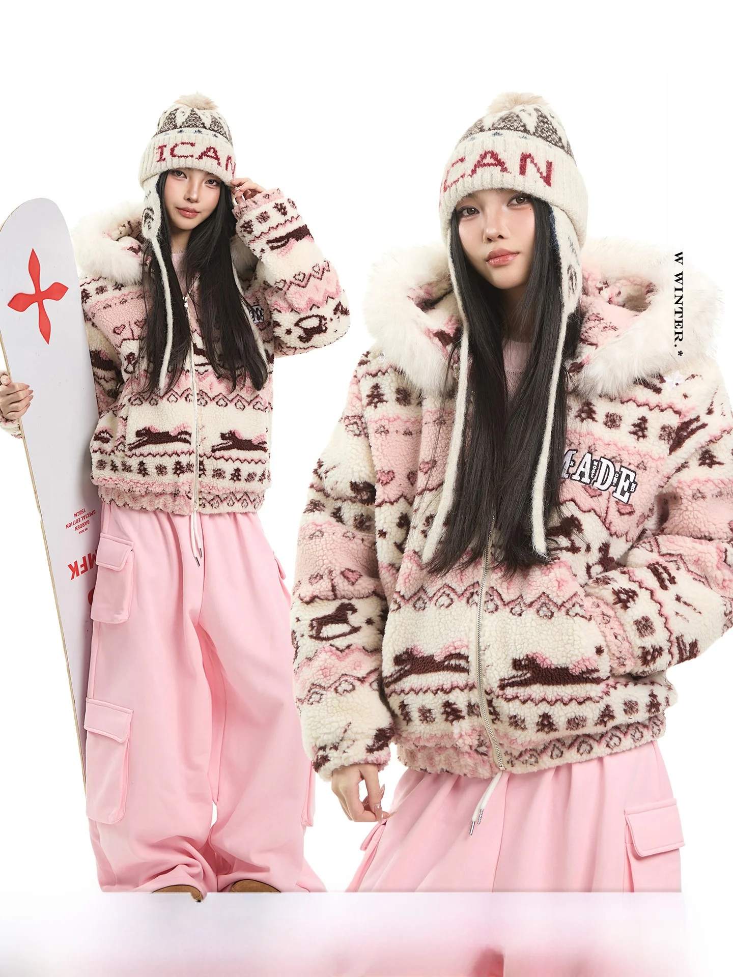 

Женская зимняя теплая хлопковая куртка с капюшоном из овечьей шерсти в стиле Fair Isle, свободного кроя, на молнии, утепленная, с длинными рукавами, в университетском стиле