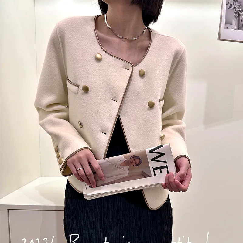 2024 autumn and winter new style socialite Xiaoxiangfeng cashmere coat women's short style color blocked edging wool