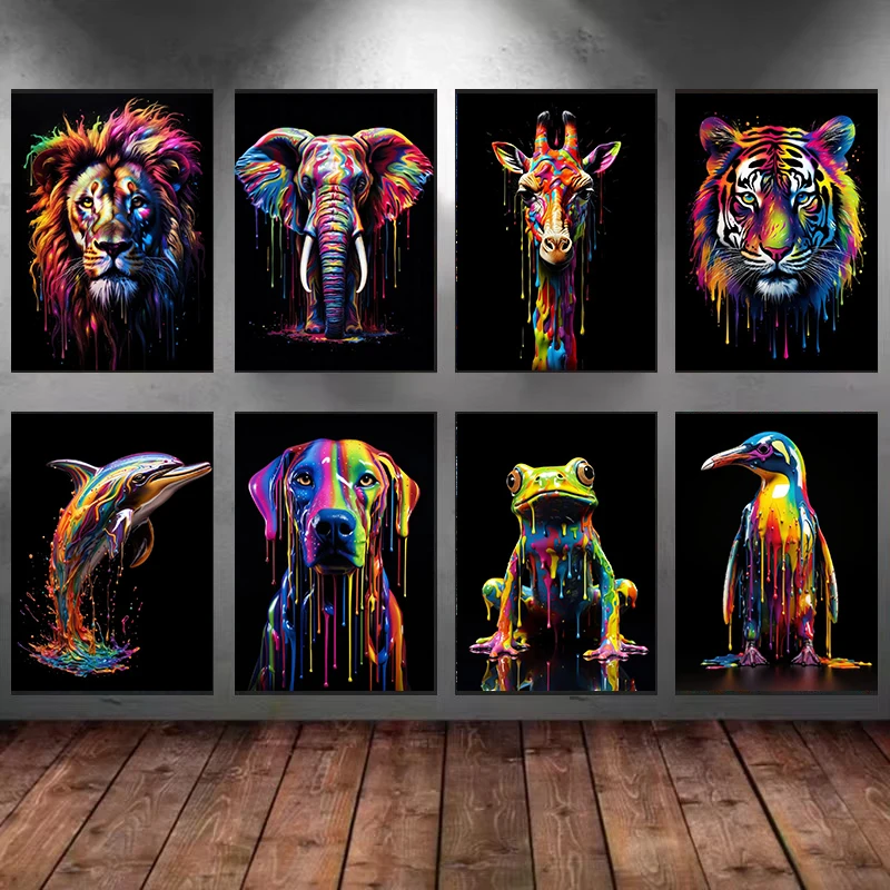 2027Animals With Paint Canvas Painting Rainbow Dog Sea Otter Elephent Poster Canva Prints Pictures Frog Animal Wall Art Decor
