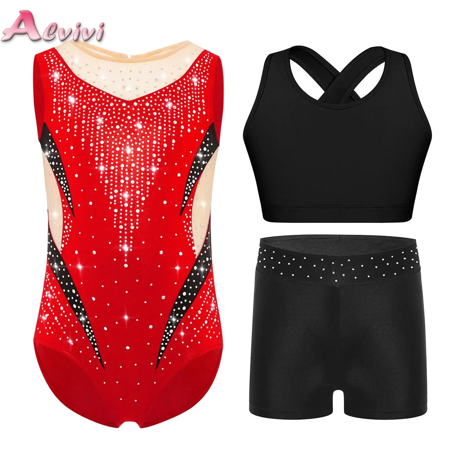 

Kids Girls Rhythmic Gymnastics Jersey Ballet Dance Figure Skating Outfit Sleeveless Sheer Mesh Leotard with Vest and Shorts Set