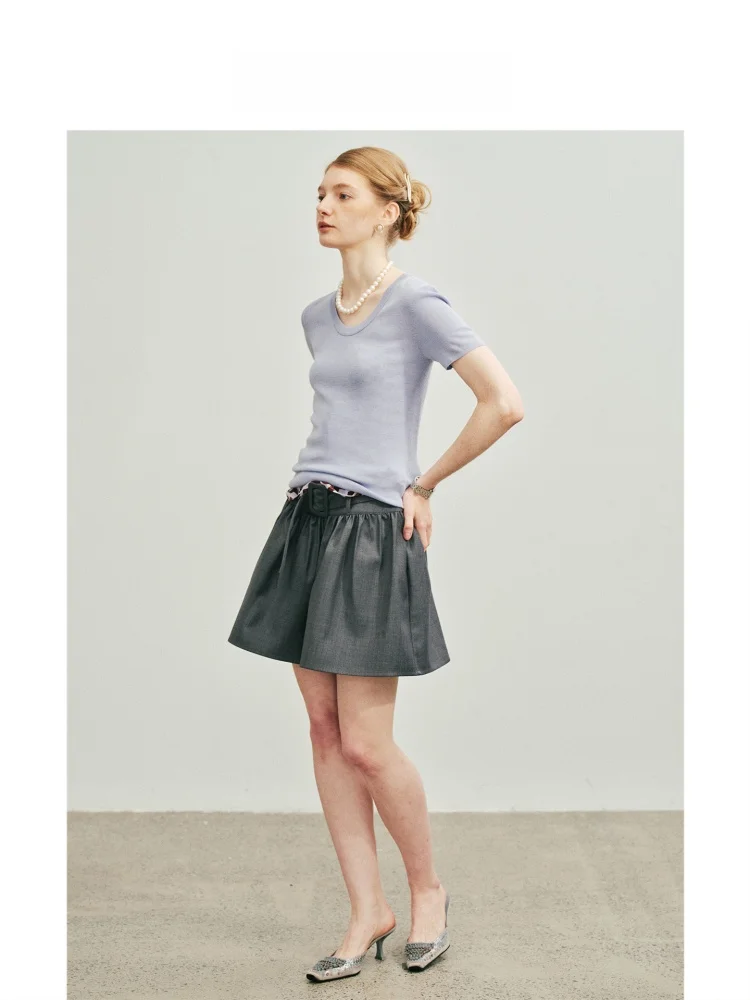 Havehas Commuter Grey Wool Blend High-Branch Fleece Short Skirt with Pleats And Belt City Commute Polyester Fiber A-Line Skirt