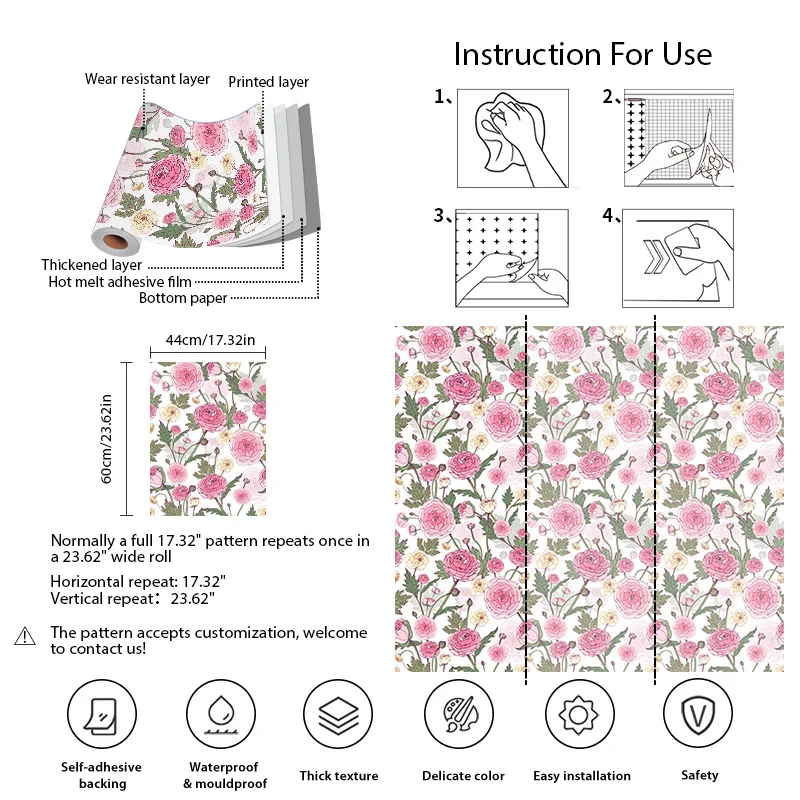 Furniture Waterproof Scratch Resistant Durable Wallpaper Vinyl Pvc Floral Wallpaper Self Adhesive Peel And Stick Pink Wallpaper