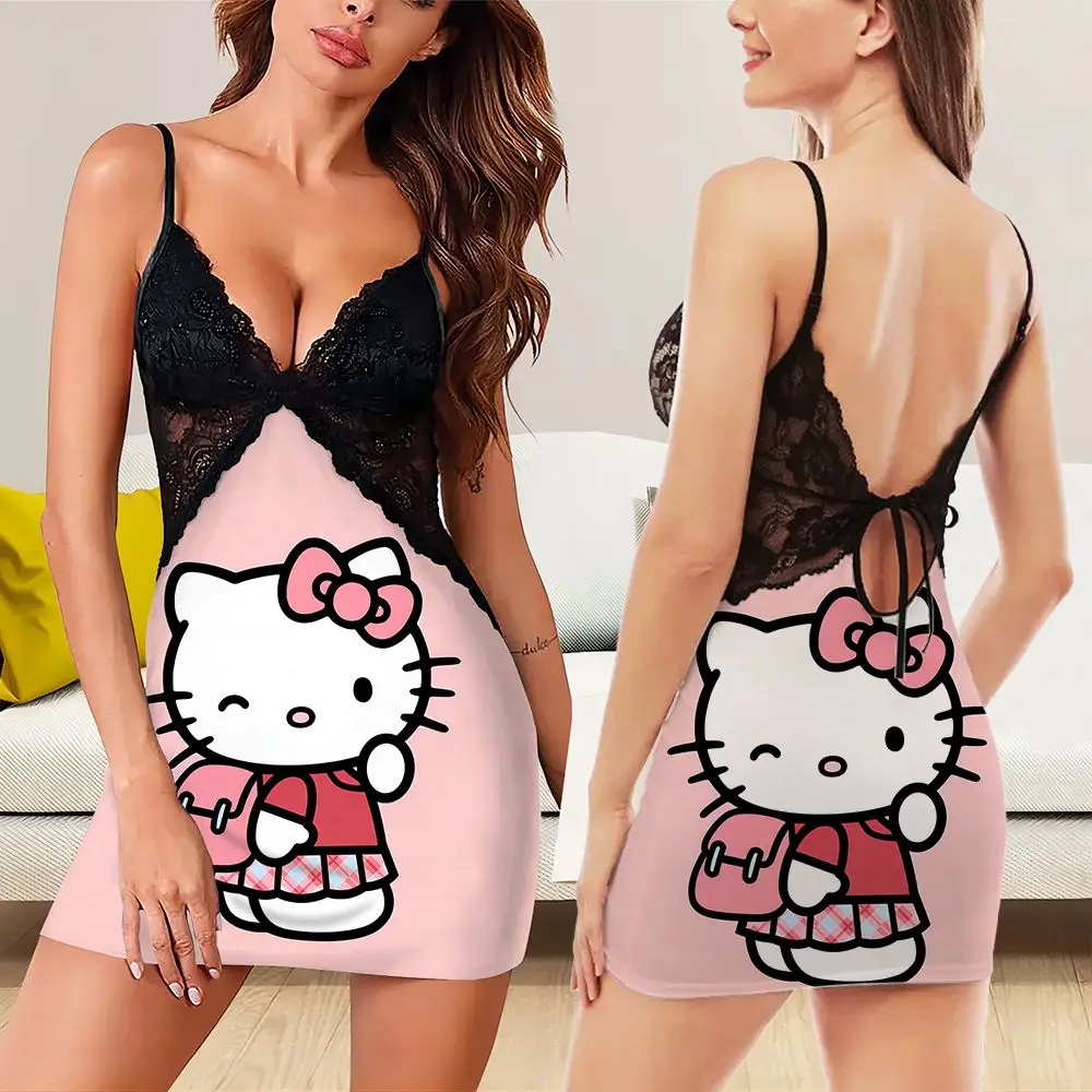 2024 New Summer Disney Hello Kitty Cartoon Pattern Printed V-neck Lace Home Casual Short Dress Sexy Short Skirt Cute Print