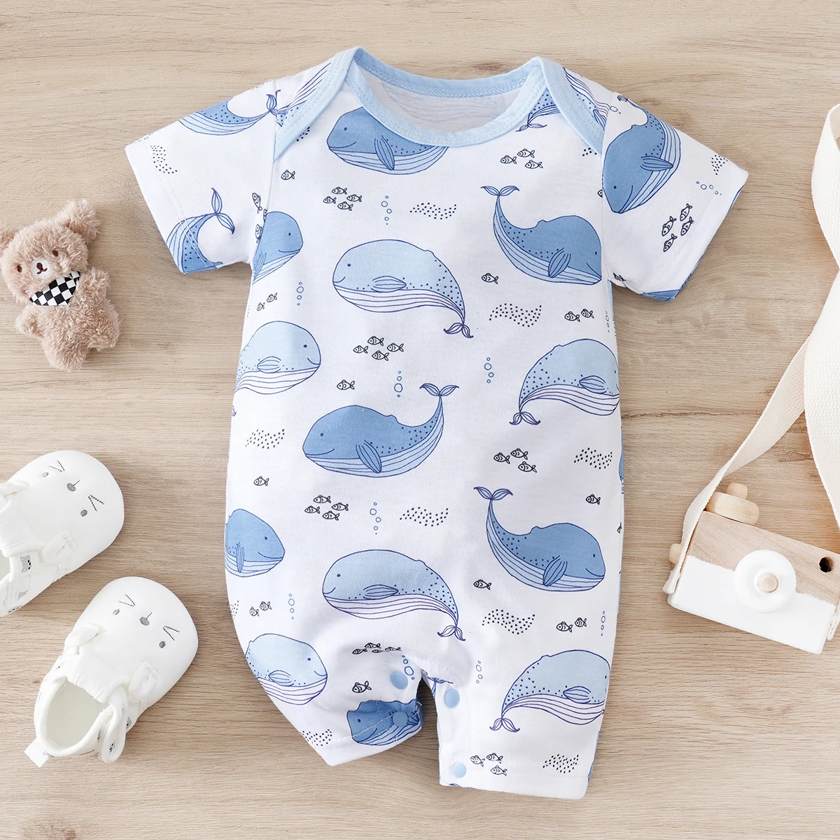 IURNXB Baby Romper Short Sleeve Infant Whale Print Bodysuit Newborn Cartoon Allover Printed Onesie for Boy\'s Clothing 0-18M