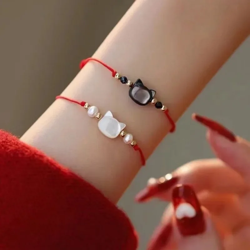 Cute Cat Bracelet Women Men Hand Woven Black Red Hand Rope Adjustable Charms Couple Bracelets Gift  Fashion Jewelry Accessories