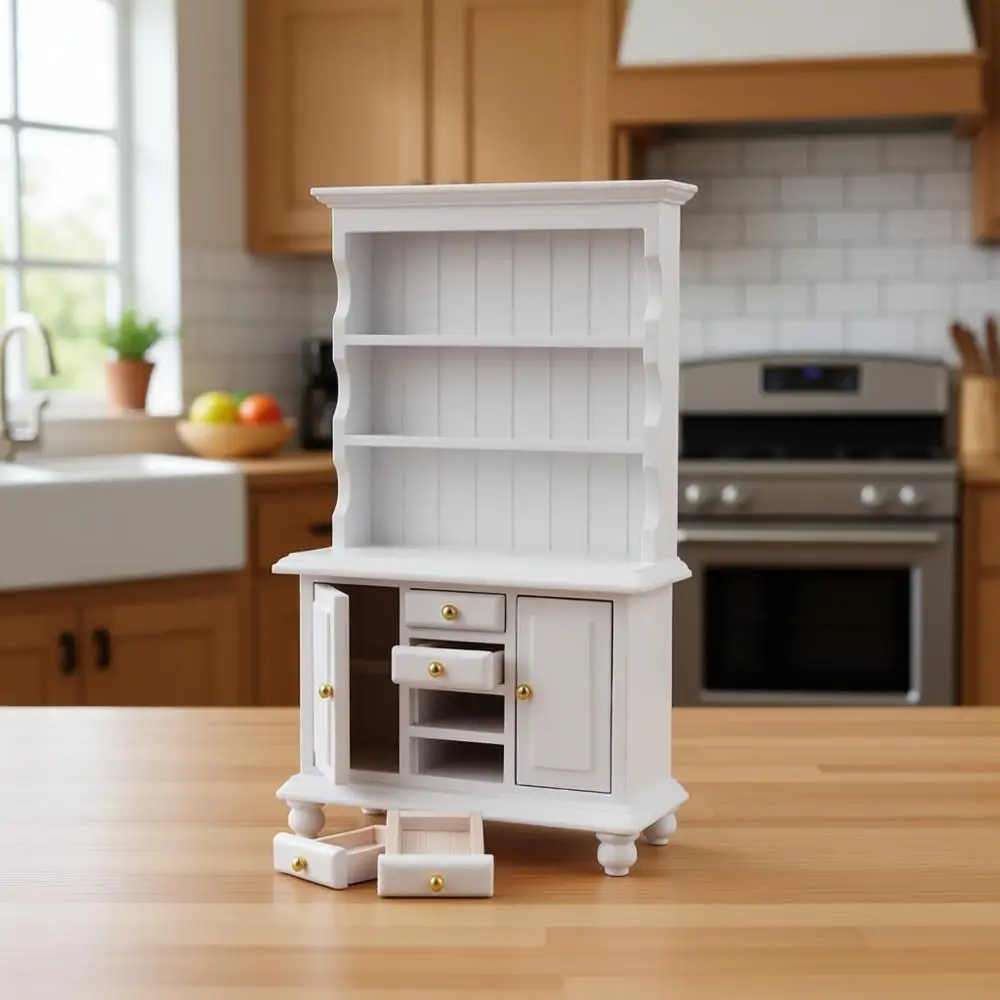

Классический белый деревянный миниатюрный шкаф-стеллаж для кукольного домика в масштабе 1:12 для хранения и демонстрации на кухне
