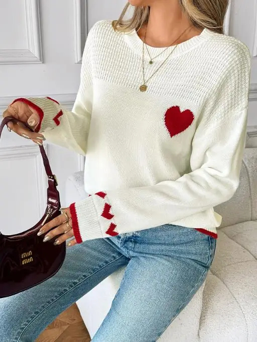 

Women's Sweater 2025 Spring Autumn New Basic Sweater Top Round Neck Heart-Shaped Jacquard Long Sleeved Casual Pullover Sweater