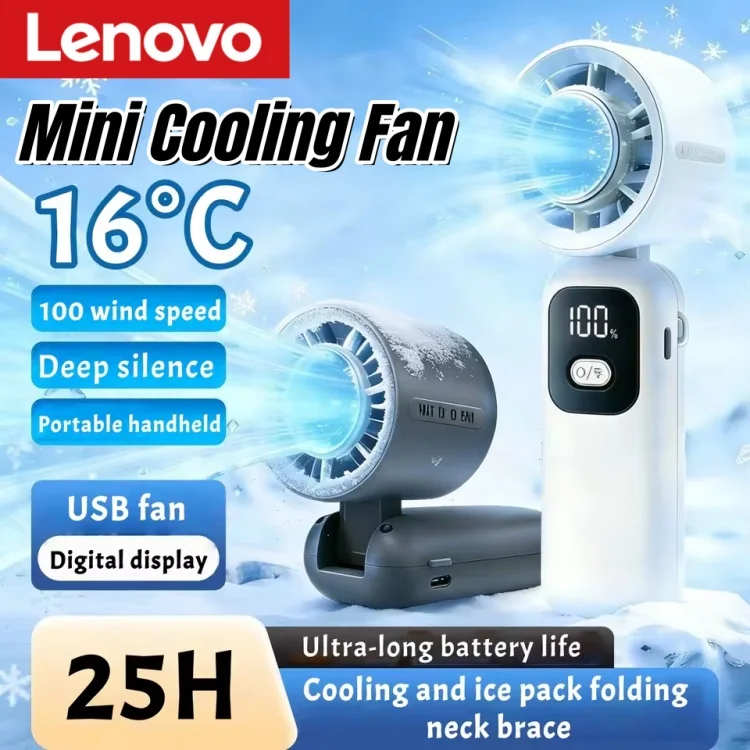 Ventilador Portátil com Display Digital Lenovo, 100 Níveis de Resfriamento, Dobrável, Recarregável, Ventilador de Ar com Vento Forte e Bateria de Longa Duração