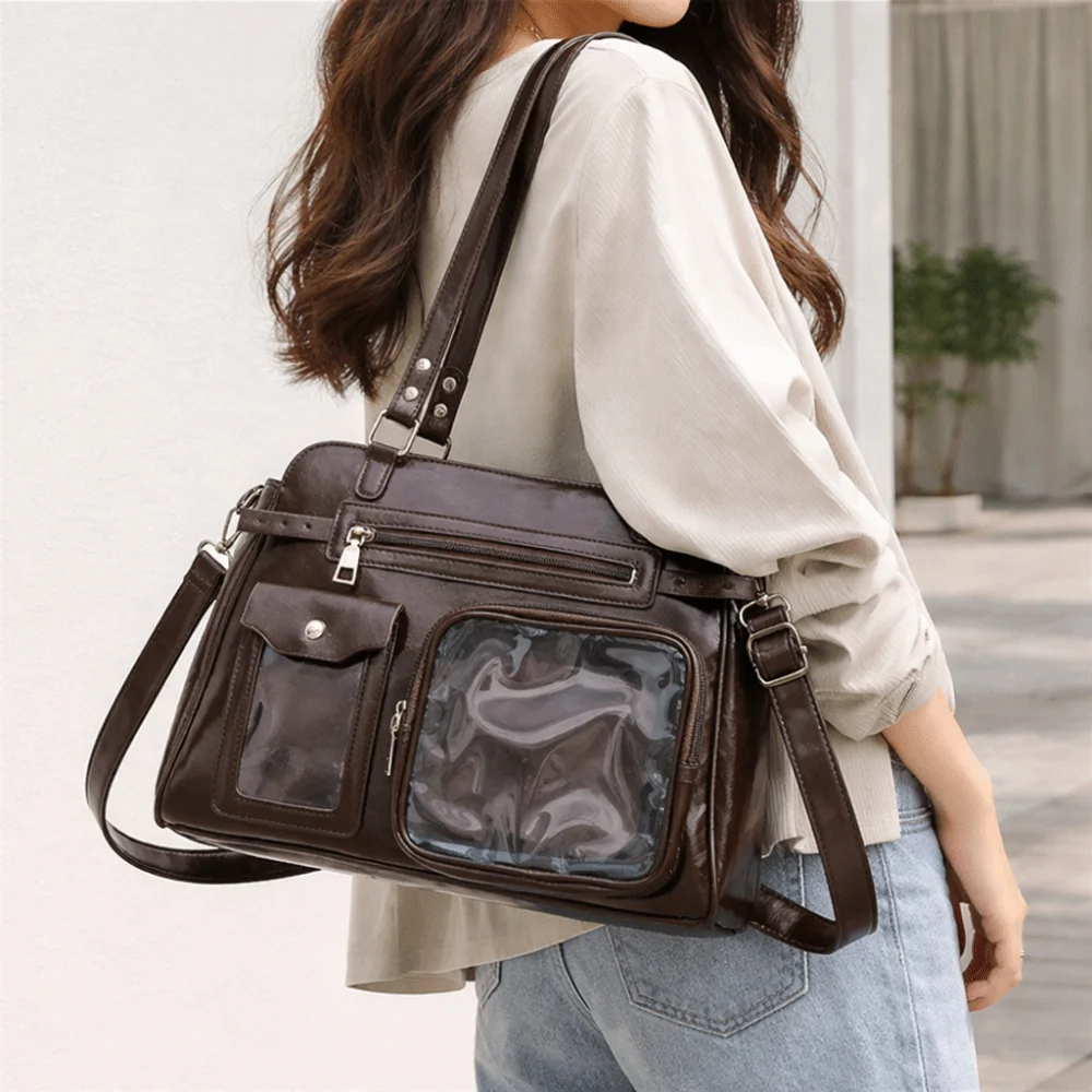 

Fashion Japanese Ita Bag Y2K Multi-pocket Lolita Shoulder Bag PU Solid Color Tote Bag Showing