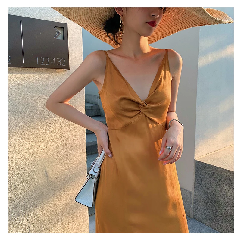 Sling Dress Women's 2022 Summer New Cross Design V-neck Temperament Waist Slimming Texture Acetate Satin Sexy Dress