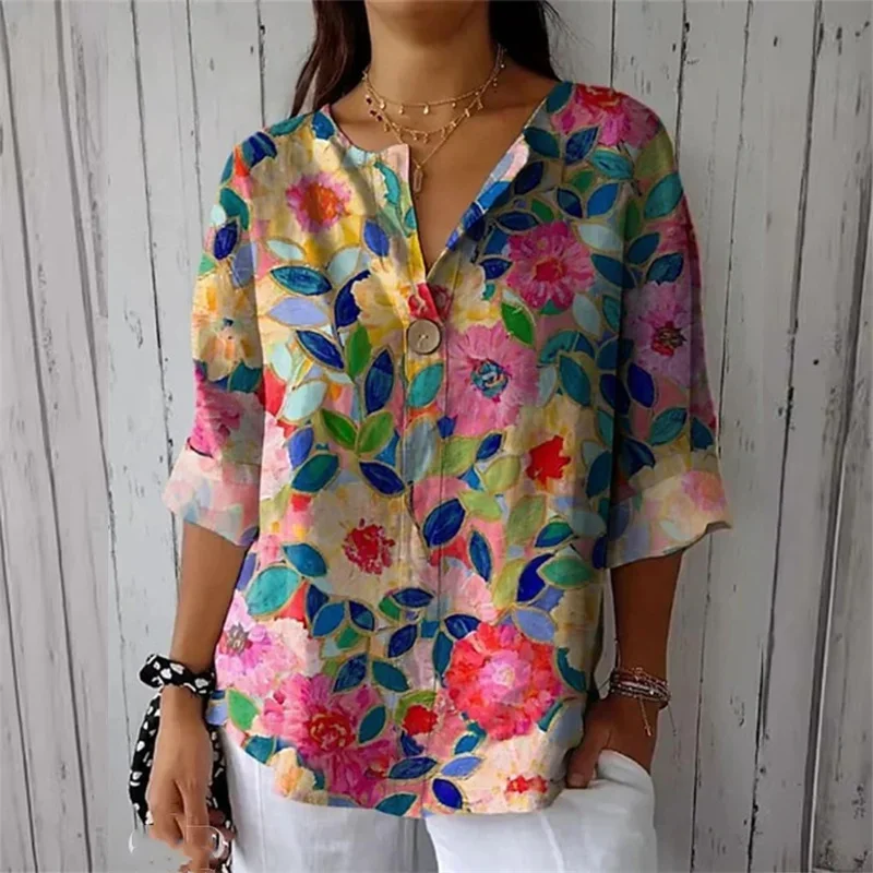 Women Button Decoration Pullover Shirt Elegant Flower Print Blouse Female Casual Half-split Collar Nine-quarter Sleeve Tops 2024