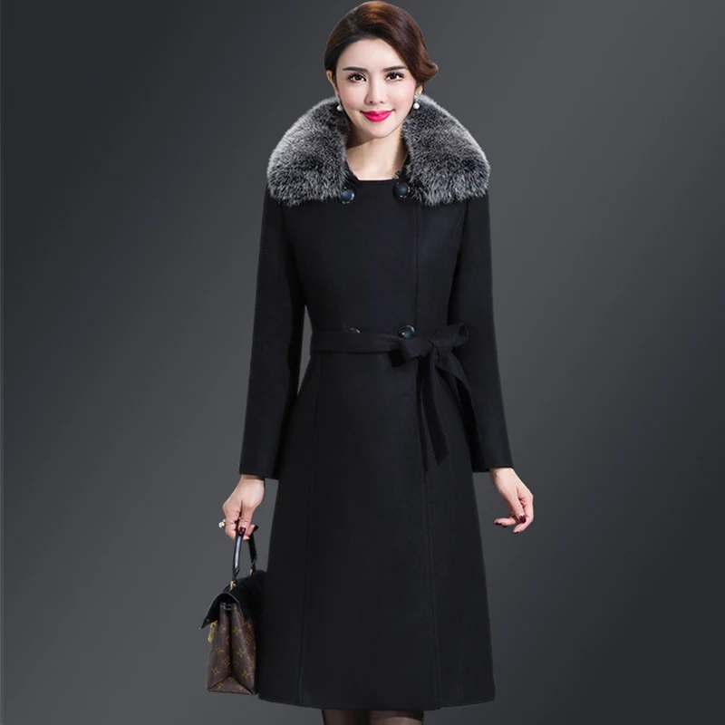 Autumn Winter Women Fashion Covered Coat Warm Pure Color Long Jacket Ladies Outwear Slim Fur Collar High Quality Clothing