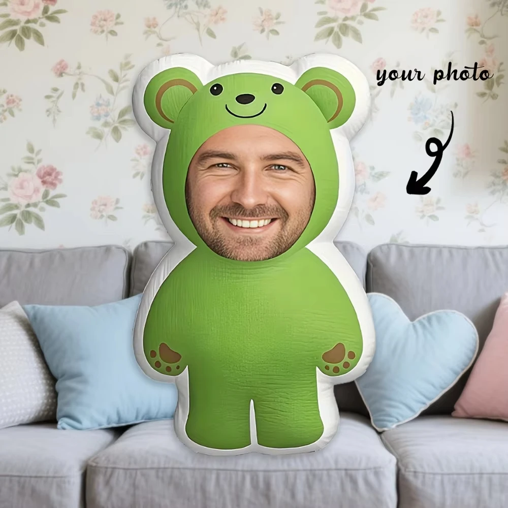 Customized Green Teddy Bear Pillow - Personalized with Photo Insert, Suitable for Friends, Family, Father's Day, Mother's Day _