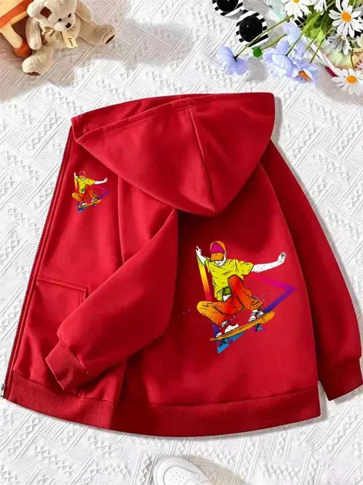 Children Long Sleeve Zip Hoodie Vibrant Skateboard Character Front And Back Print Loose Hooded Outerwear For Street Sport Outfit