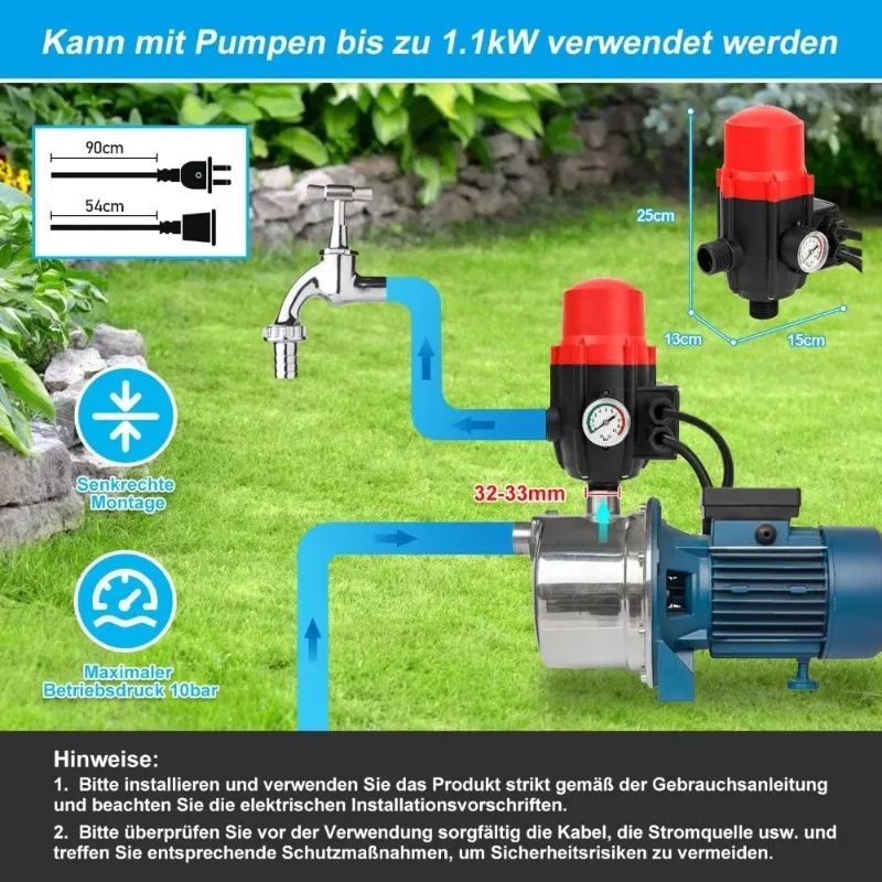 Pressostat intelligent avec manomètre et contrôleur de pompe, système de surpression entièrement automatique pour la pression d'eau domestique – Idéal pour les situations de faible pression d'eau en immeubles de grande hauteur, l'irrigation de jardin et les besoins de contrôle de pompe de puits sans surveillance