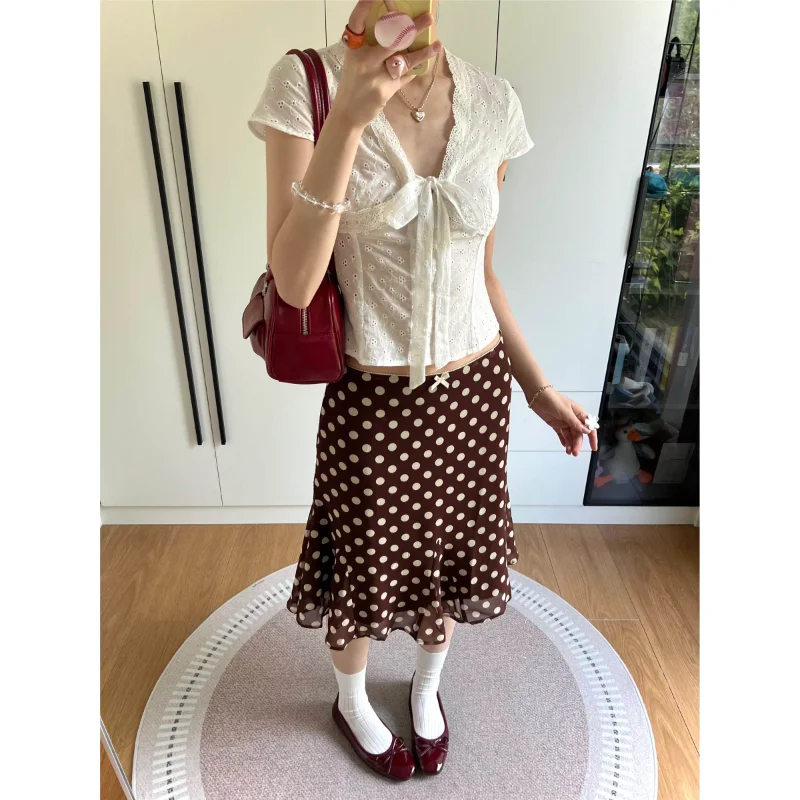 American Style Spotted Low Waist Lace  Knot Fish Tail Half Skirt Women Summer New Pure Desire Midi Skirt