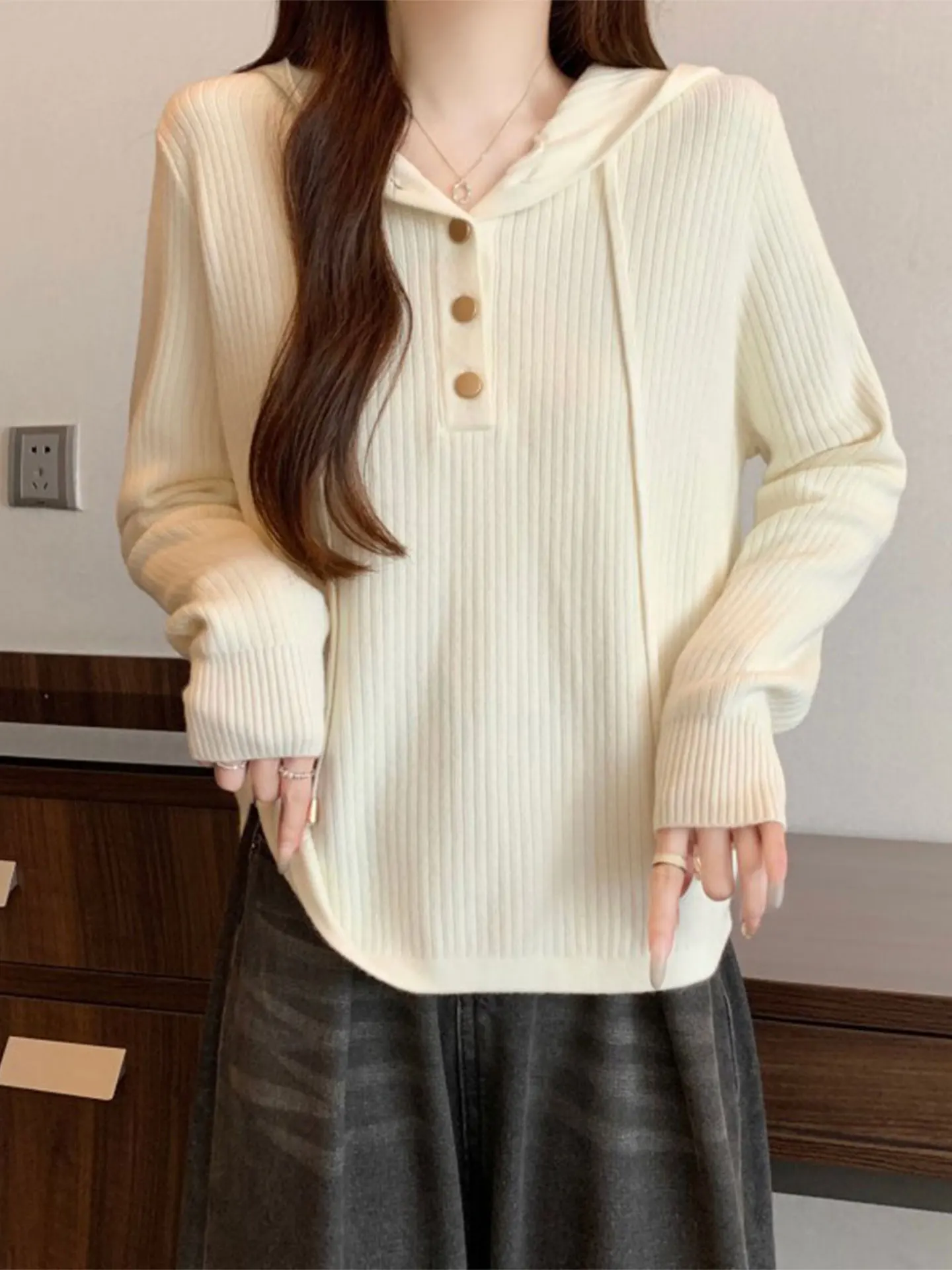 

Loose Long Sve Hoodie Knitwear Spring 2026 plus Size Women's Casual Sle Soft Fabric Belly Covering Anti-Aging Top