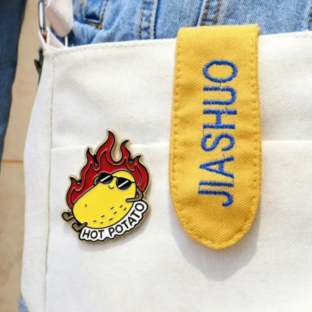 Cartoon Cool Potato Hard Enamel Badge Fire Sunglasses Detail Hot Potato Slogan Design Playful Food Lapel Pin Denim Bag Ornament
