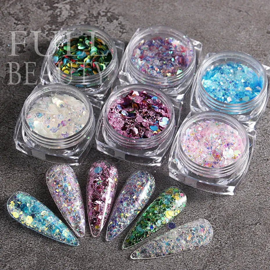 1Jar Shiny Nail Sequins Chunky Hexagon Glitter Pink Blue Summer Mermaid Aurora Flakes Manicure Sparkly Powder Paillettes ID01-06