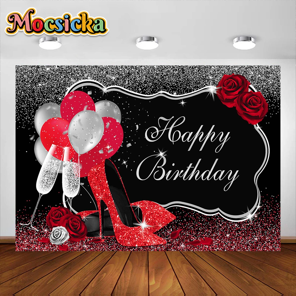 الحلو الوردي الوردي عيد ميلاد خلفية لامعة بريق عالية الكعب الشمبانيا الكبار النساء عيد ميلاد ديكور صور بوث خلفية مخصصة