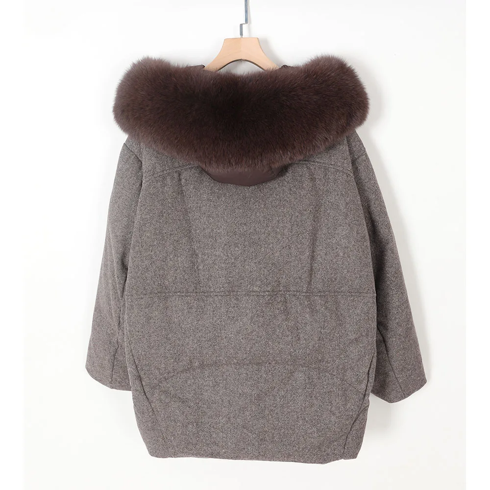 2026 NEW Maomaokong Real Fox Fur Collar Women's Winter Down Jacket Coffee Wool Fabric Patching Cool Oversized Zipper Fashion