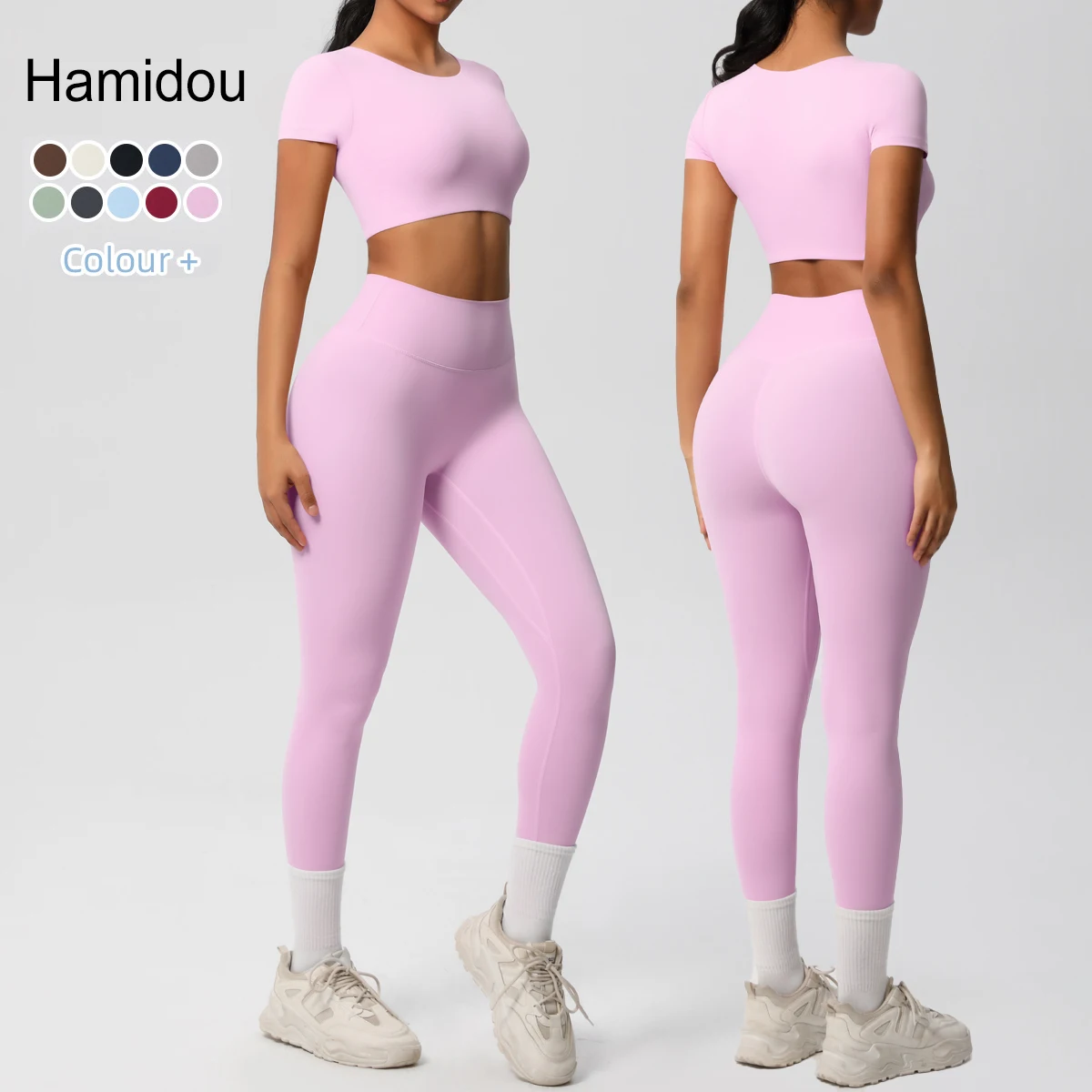 

2 Pieces Scrunch T-Shirt and Pants Yoga Set Solid Color Quick Drying Sports Fitness Clothing High Strength Workout Yoga Set