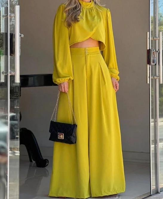 Yellow Half High Collar Irregular Lantern Long Sleeved Top, High Waist Wide Leg Pants, Summer Temperament Commuting Pants Set