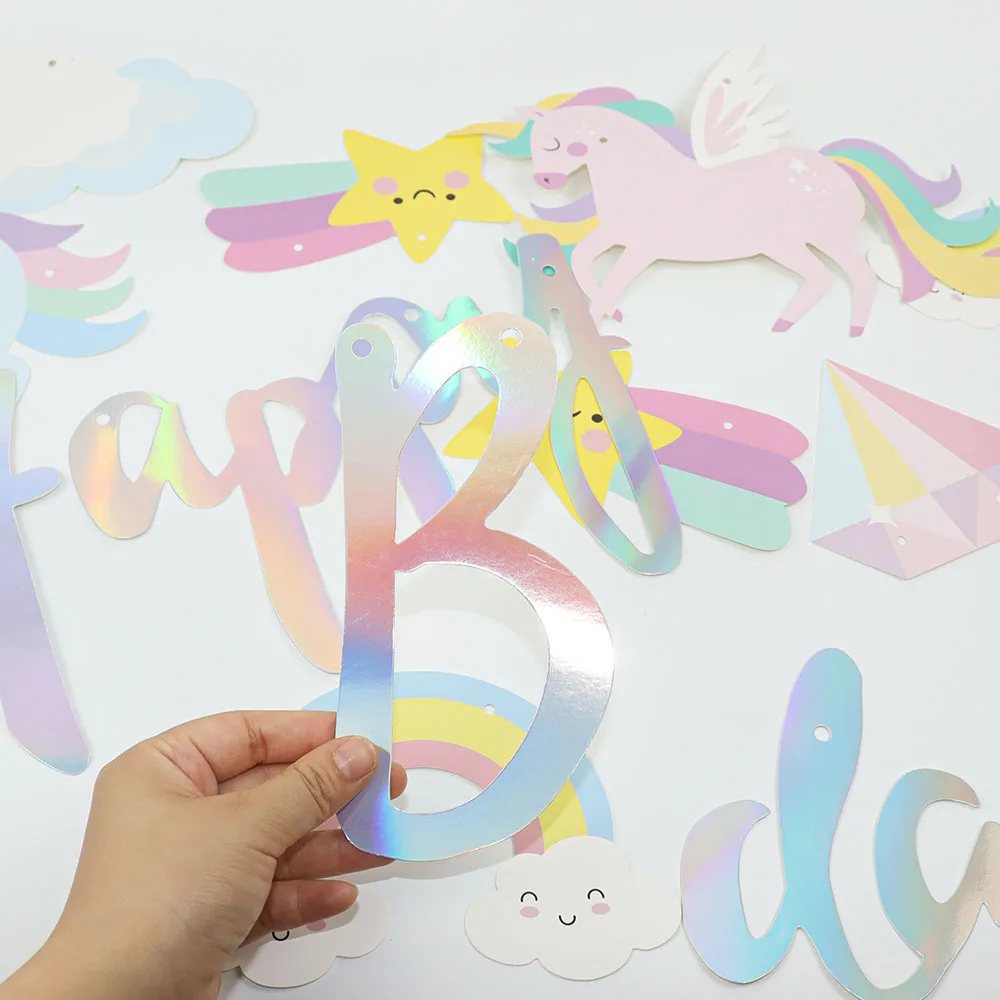 Einhorn-Geburtstags-Wimpelkette, glitzernd, alles Gute zum Geburtstag, Banner, Papiergirlande, Wolken, Sterne, Regenbogen-Geburtstagsdekorationen für Mädchen