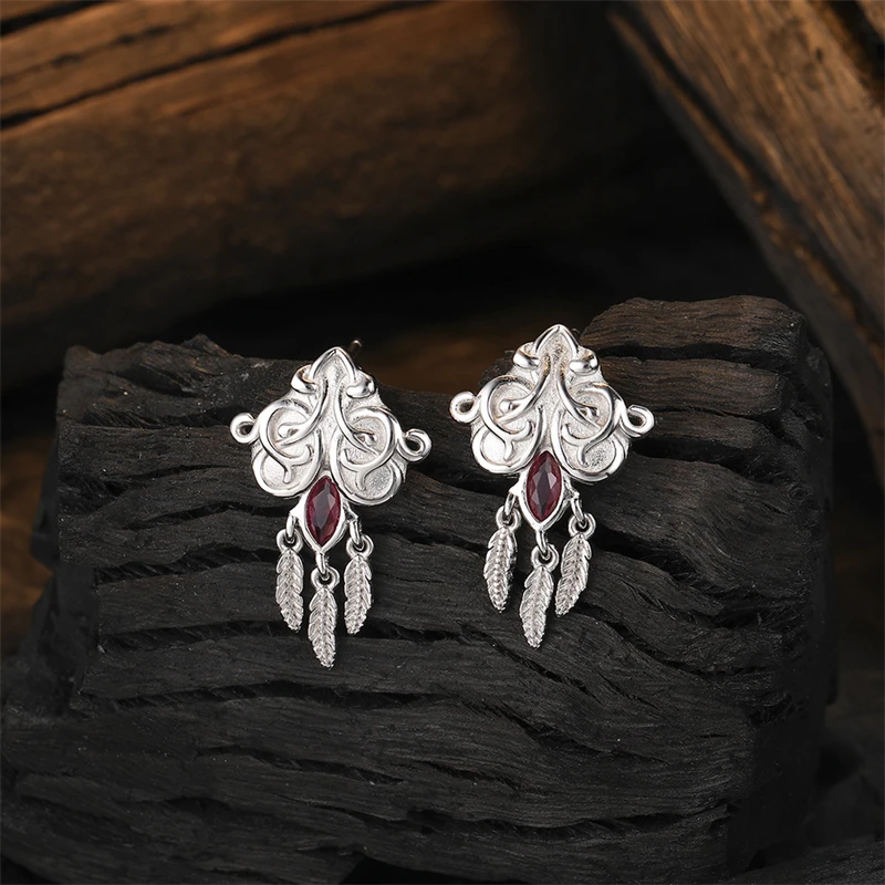 

925 Sterling Silver Exquisite Zircon Tassel Leaf Stud Earrings for Women Vintage Textured Simple Jewelry Gift