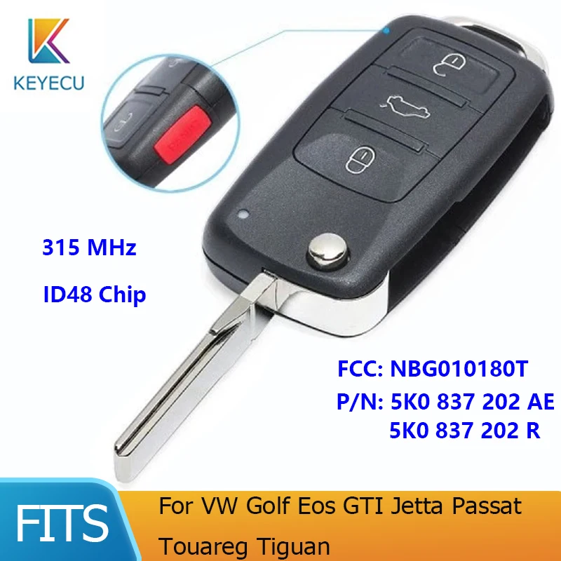 Klucz zdalny KEYECU do VW Golf Eos GTI Jetta Passat Touareg Tiguan 5K0837202R 5K0 837 202R NBG010180T 4 przyciski 315MHz ID48 Chip