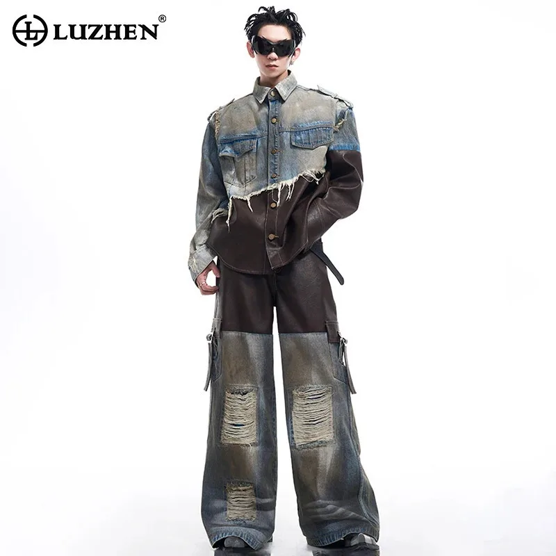 LUZHEN Patchwork Leather Denim Jacket Tassel Wornout Trendy High Street American Designer Autumn Clothes New Men's Pants LZ5926