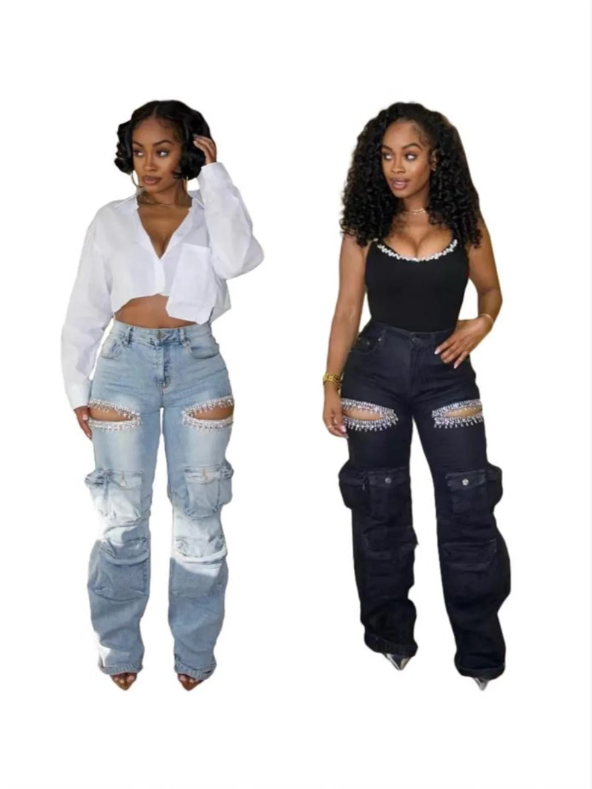 

Рваные джинсы, женские длинные брюки с высокой талией, весенне-осенняя модная уличная одежда, джинсовые джинсы с украшением бриллиантов