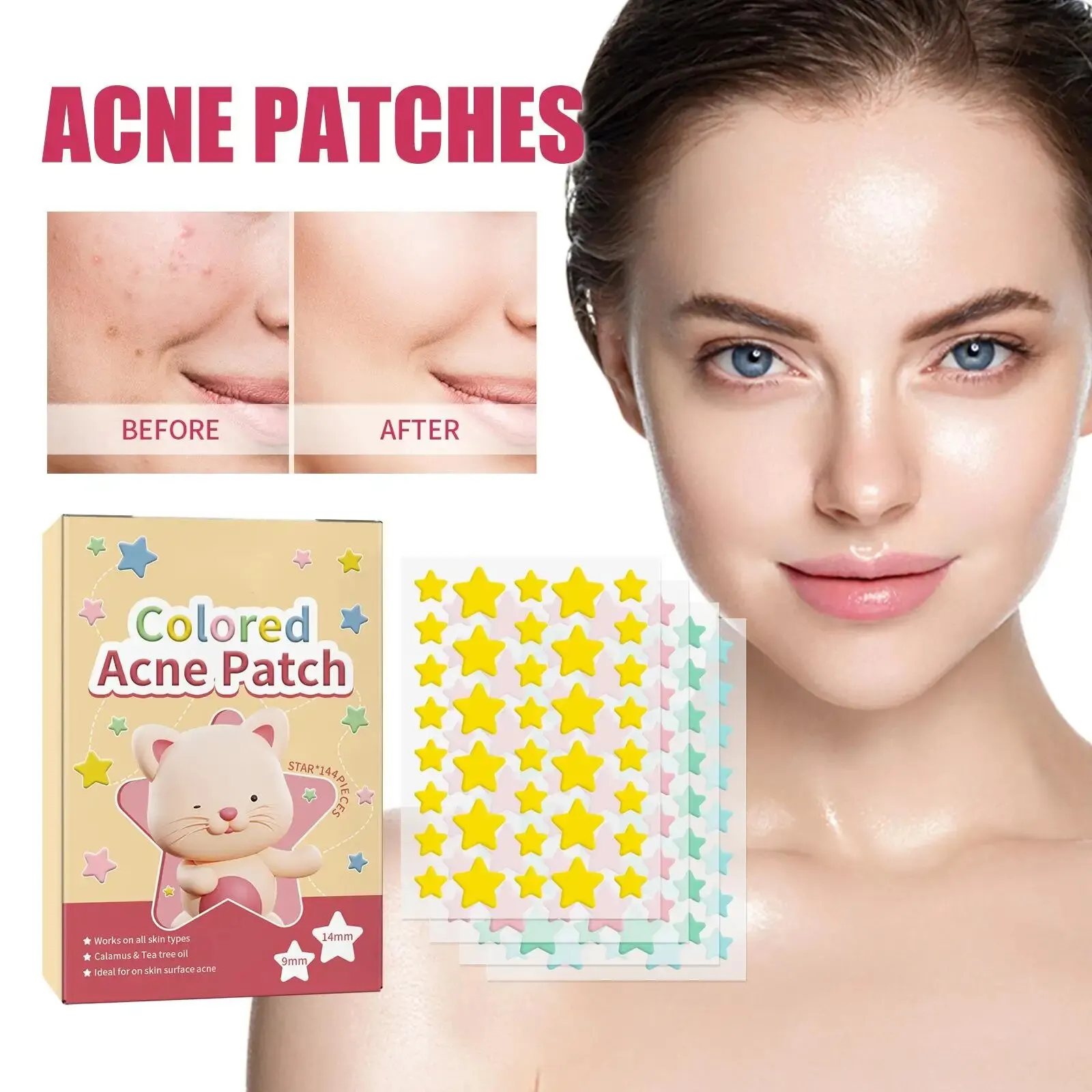 144pcs Star Acne Patch Fade Away Pimple Marks Acne Clean Pore Smooth Skin Portable Colorful Pentagram Acne Patch