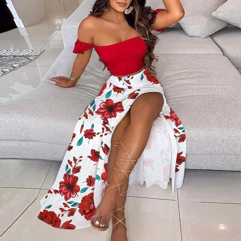 Women Summer Skirts Set Outfits Floral Print Elegant Sexy Off Shoulder Crop Tops & Split Long Maxi Skirts Two Pieces Dress Suits