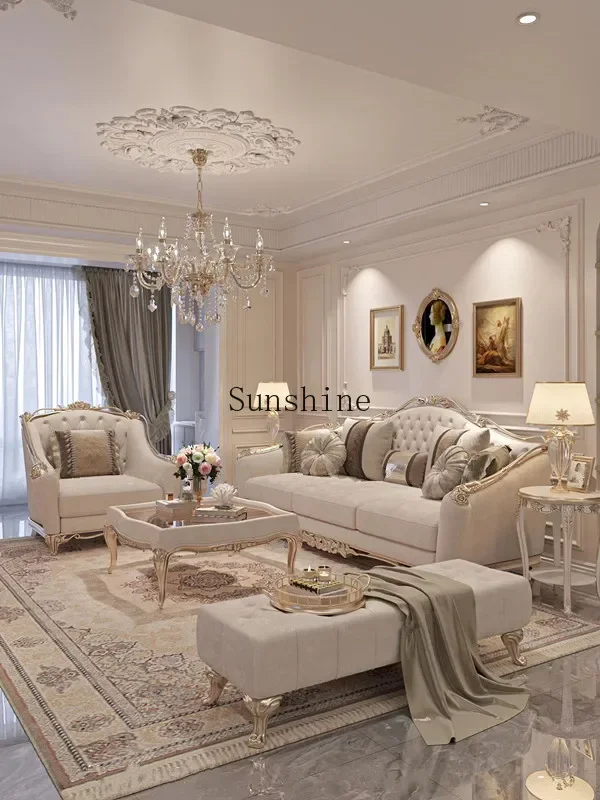 

French light luxury solid wood carving palace high-end solid wood three-person sofa concubine living room combination FT