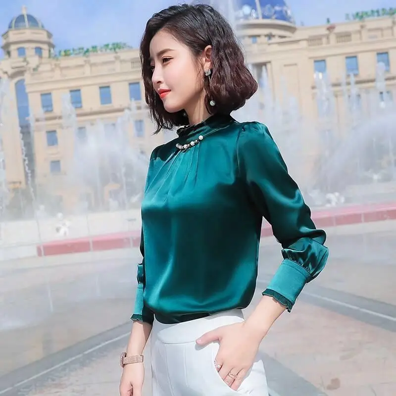 Elegant Petal Sleeve Beading Oversized Long Sleeve Satin Shirt Vintage Loose Commute Women Clothing Spring Autumn Casual Blouse