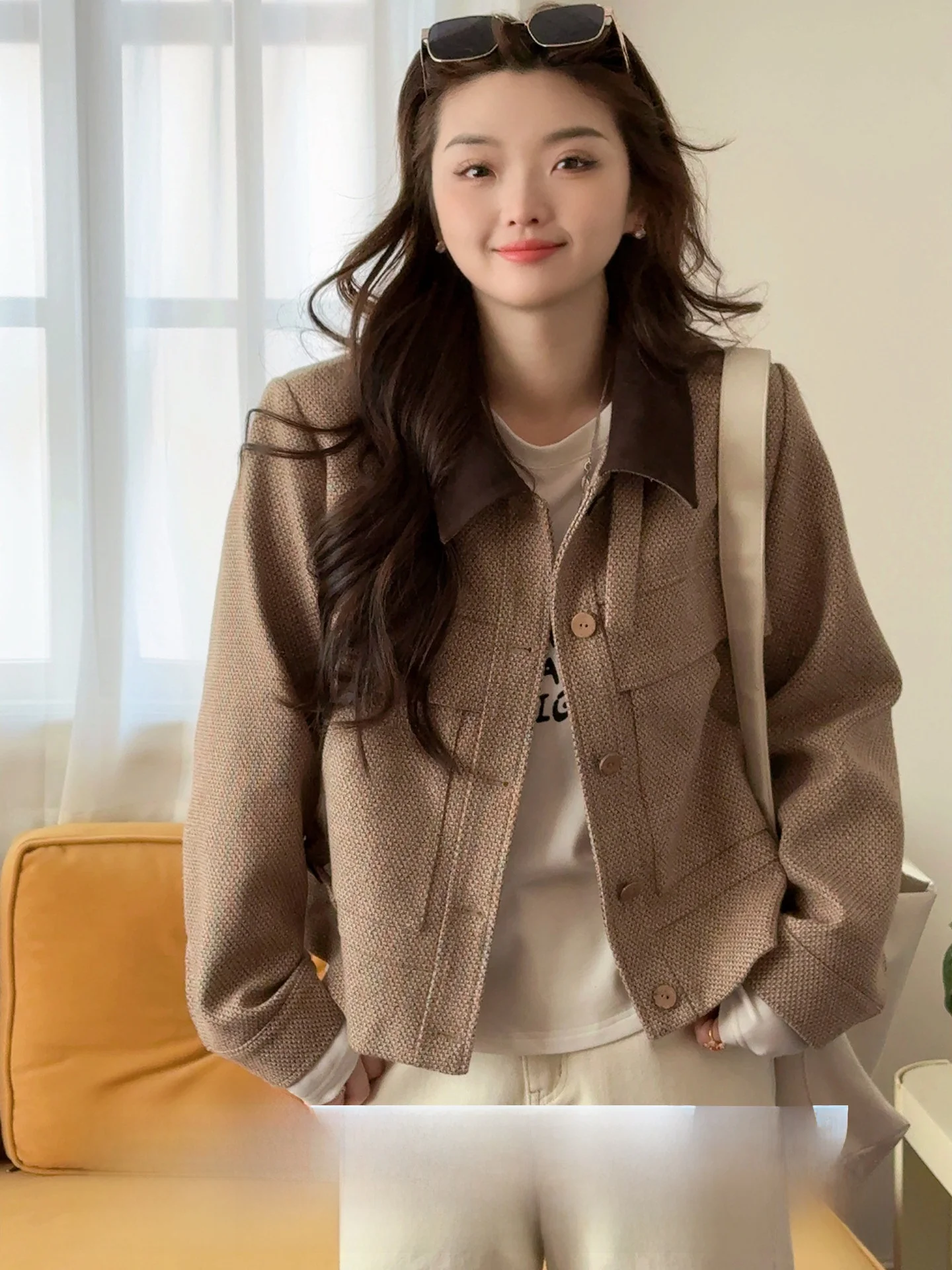 

Moka Brown ort Jaet Korean Sle Retro Coat Spring New Women's Loose Fit Polyester Fiber round Ne Button up Top