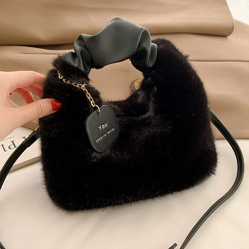 New Quality Women Winter Plush Faux Fur Mini Shoulder Bag Soft Cross-body Portable Autumn Casual Lady Handbag Girls Warm Bag