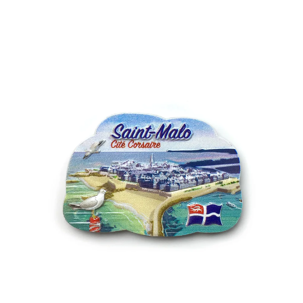مغناطيس ثلاجة من الراتنج ثلاثي الأبعاد - سانت مالو، فرنسا (مدينة القراصنة) مع طيور النورس ثلاثية الأبعاد، المنارة، العلم، والمواطن #6